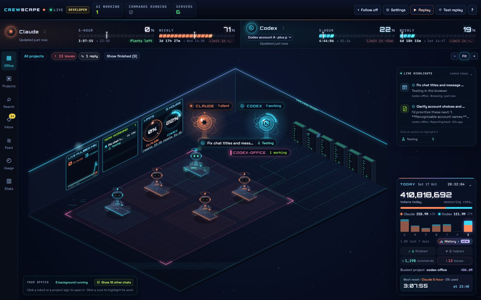 Crewscape development screenshot with Claude and Codex activity, project desks, usage and attention controls